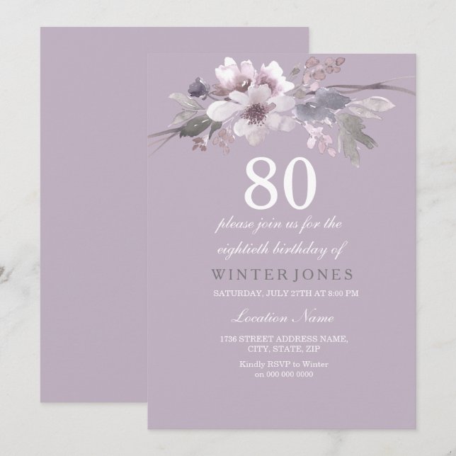 Élégant violet floral 80e anniversaire Invitation  (Devant / Derrière)