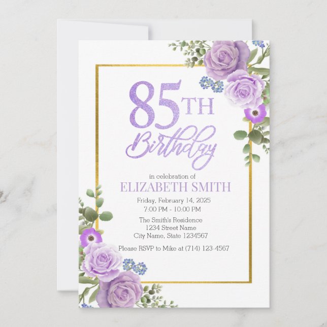 Elégant violet floral 85e anniversaire Invitation (Devant)