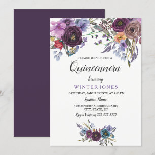 Élégant violet floral hiver Quinceanera Invitation