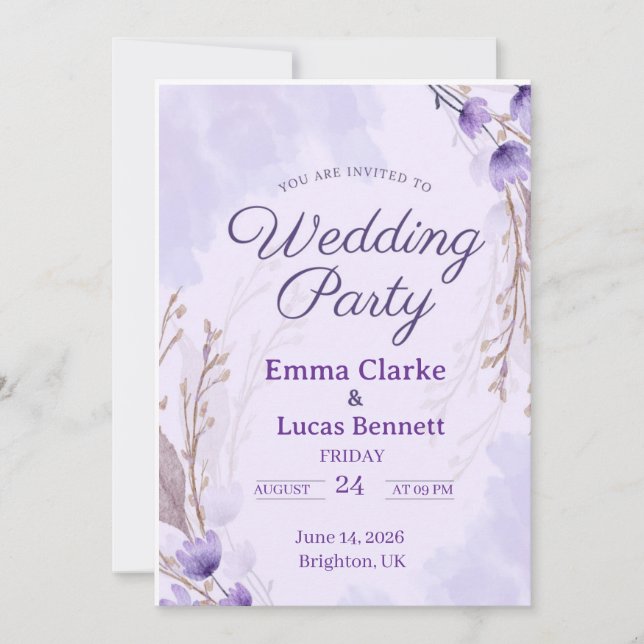 Élégant violet floral mariage invitation (Devant)
