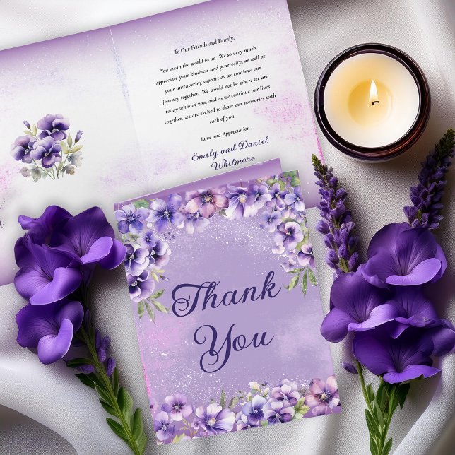 Elegant Violet Floral Wedding  Dankeskarte (Elegant violet florals for a refined and timeless wedding folded thank you card)