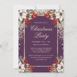 Elegant Violet Gold Botanical Christmas Party Einladung