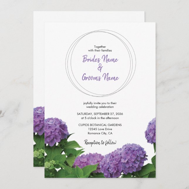 Elégant Violet Hydrangea Invitations de mariage (Devant / Derrière)