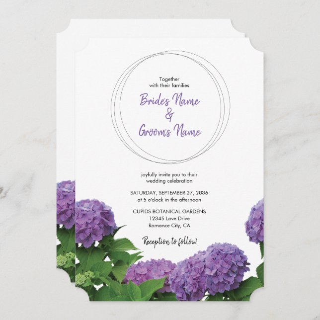 Elégant Violet Hydrangea Invitations de mariage (Devant / Derrière)