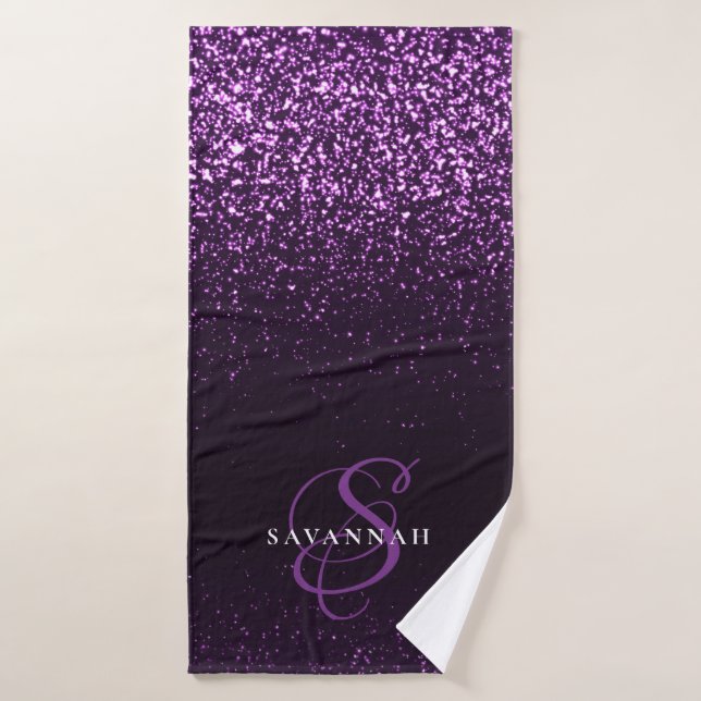 Élégant Violet Monogramme Script Parties scintilla (Serviette de bain)