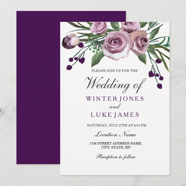 Elégant Violet Rose Floral Mariage Invitation (Devant / Derrière)