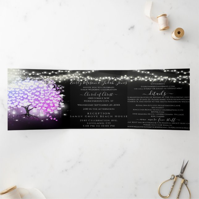 Élégant Violet rose Mariage feuille coeur Tri-Fold (Intérieur)