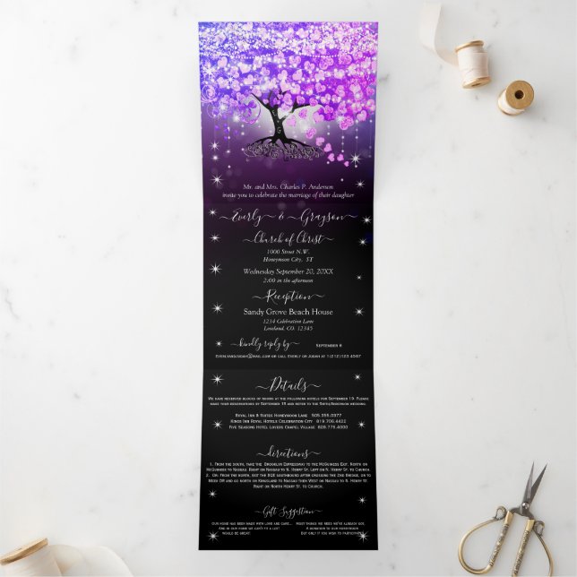 Élégant Violet rose Mariage feuille coeur Tri-Fold (Intérieur)