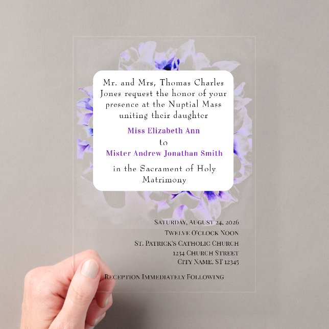 Elegant Violets Catholic Wedding Invitation Acryleinladungen (Insitu (Handheld))