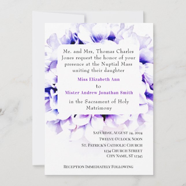 Élégant Violets Faire-part de mariage catholique (Devant)