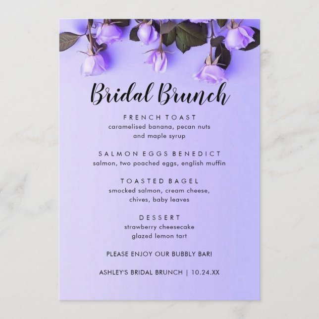 Élégant Violets violet Floral Bridal Brunch Menu (Devant)