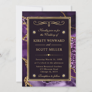 Elegant Violett und Gold Glitter Ozean Achat Hochz Einladung
