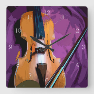 Elegant Violin on Purple Silk, Clock Square Quadratische Wanduhr