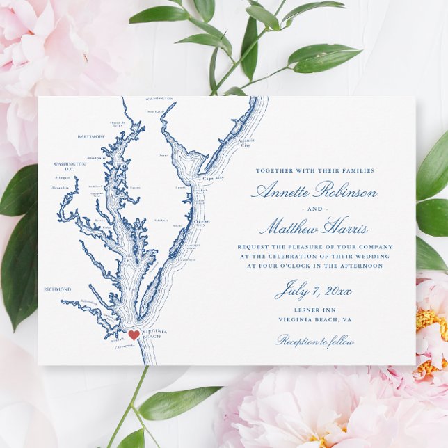 Elegant Virginia Beach Map Wedding Einladung (Elegant Virginia Beach map wedding invitation with navy blue script and map of Chesapeake Bay)