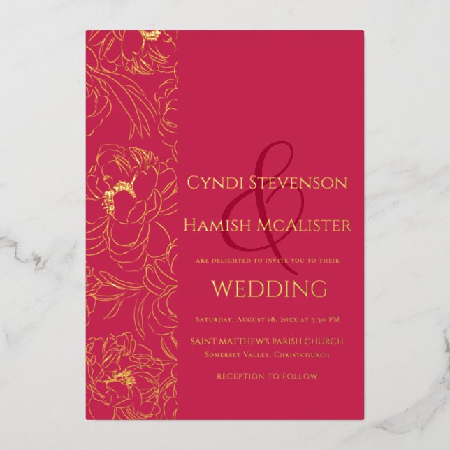 Elégant Viva Magenta Mariage Gold Foil Invitation (Recto)