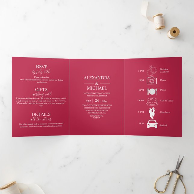 Elegant Viva Magenta Script Wedding Dreifach Gefaltete Einladung (Innenseite)