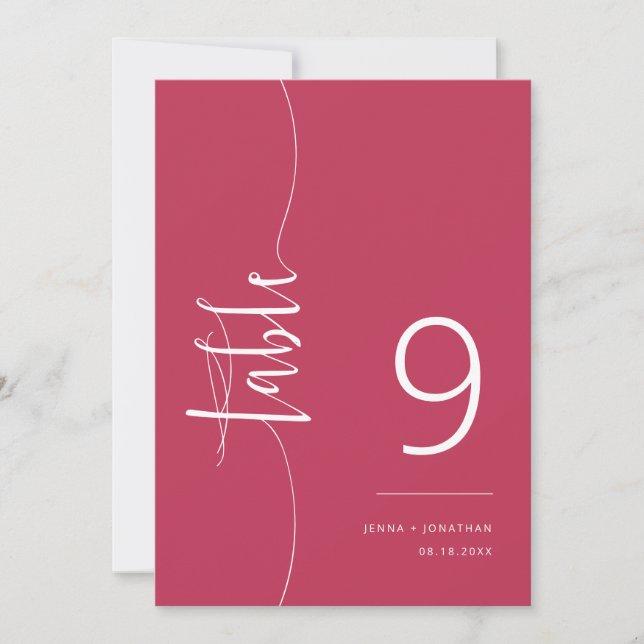 Elegant Viva Magenta Script Wedding Tischnummer (Vorderseite)