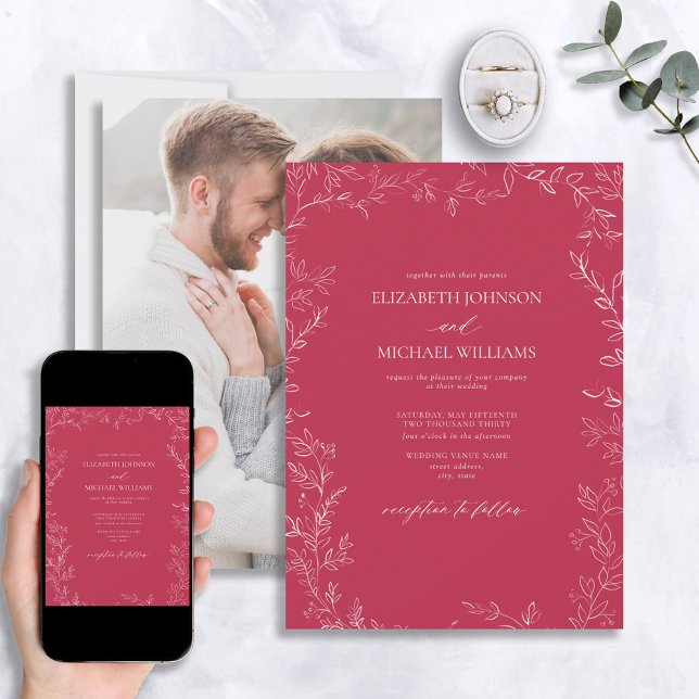 Elegant Vivid Magenta Minimal Leaf Foto Hochzeit Einladung (Von Creator hochgeladen)