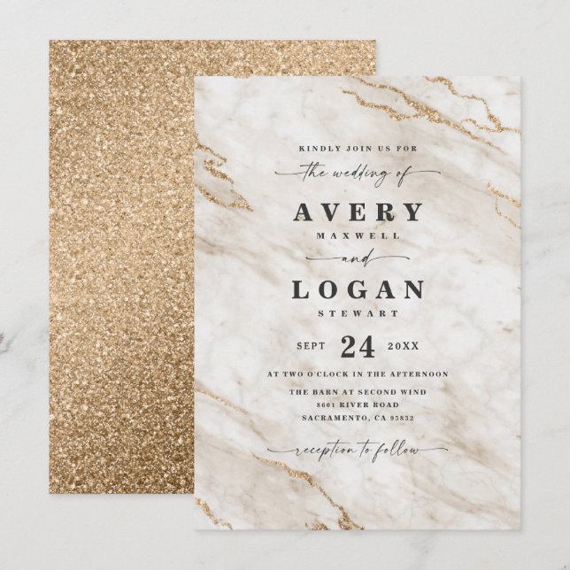 Elegant von White & Gold Marmor & Glitzer Hochzeit Einladung (Vorne/Hinten)