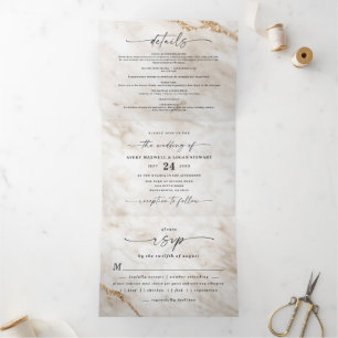 Elegant von White & Gold Metallic Marmorhochzeit Dreifach Gefaltete Einladung