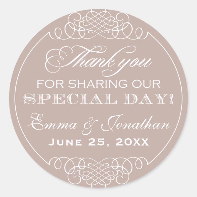 Elegant Warm Beige Wedding Danke Monogram Runder Aufkleber (Vorderseite)