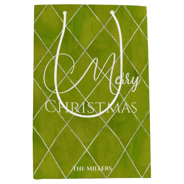 Elegant Wasabi Green Raute Pattern Weihnachten Mittlere Geschenktüte (Vorderseite)