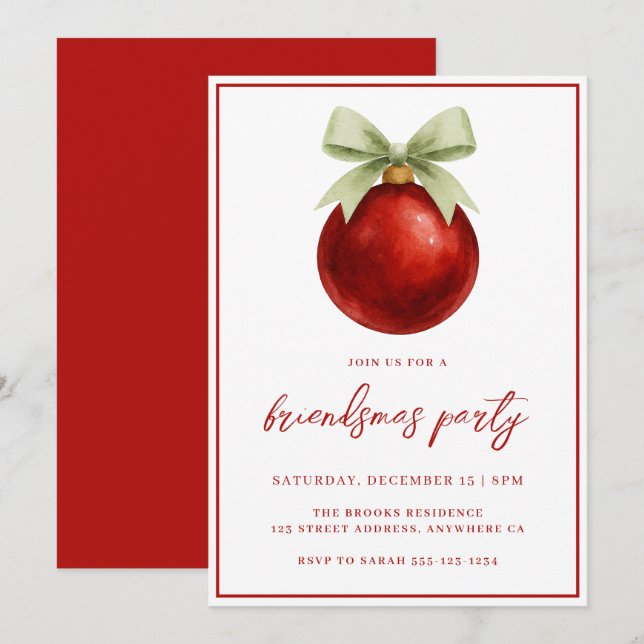 Elegant Watercolor Bauble & Bow Friendsmas Party Einladung (Vorne/Hinten)