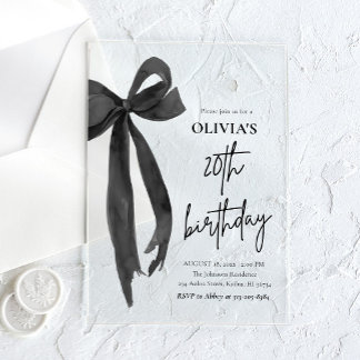Elegant Watercolor Black Bow 20. Geburtstagsparty Acryleinladungen