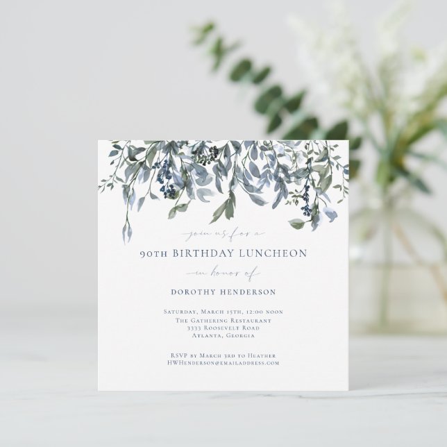 Elegant Watercolor Blaue Weintrauben 90. Geburtsta Einladung (Stehend Vorderseite)