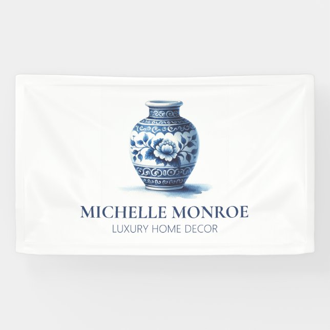 Elegant Watercolor Blue Ginger Jar Designer, Dekor Banner (Horizontal)