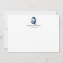 Elegant Watercolor Blue Ginger Jar Flat Notecard