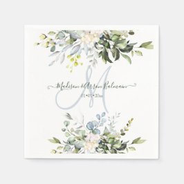 Elegant Watercolor Blue Gum Eucalyptus Monogram Serviette