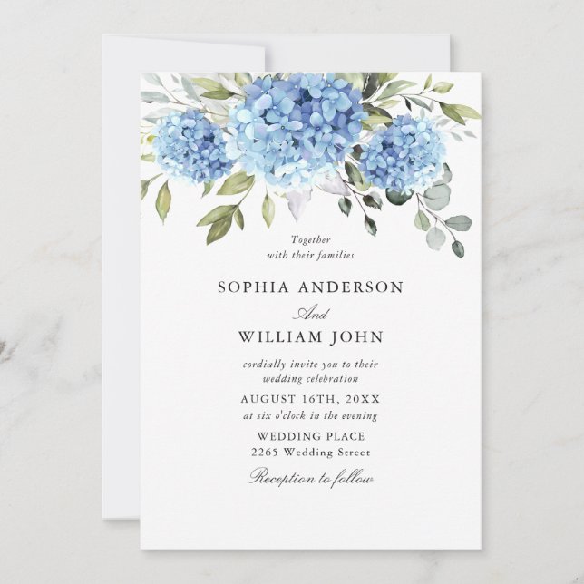Elegant Watercolor Blue Hydrangea Flora Wedding Einladung (Vorderseite)