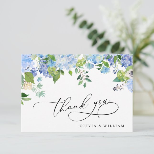 Elegant Watercolor Blue Hydrangea Floral Dankeskarte (Stehend Vorderseite)