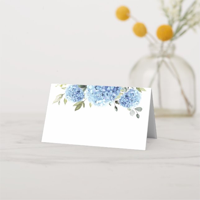 Elegant Watercolor Blue Hydrangea Wedding Platzkarte (Vorderseite)