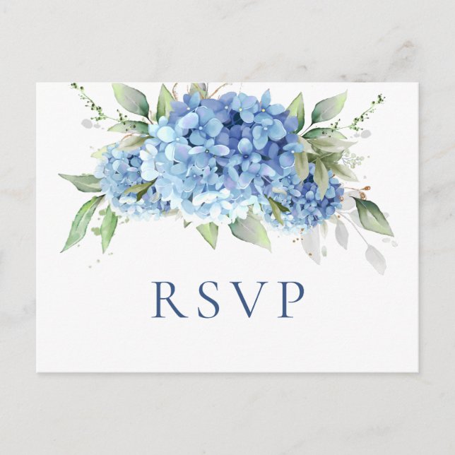 Elegant Watercolor Blue Hydrangea Wedding RSVP Postkarte (Vorderseite)
