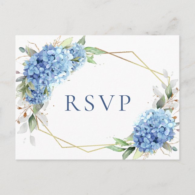 Elegant Watercolor Blue Hydrangea Wedding RSVP Postkarte (Vorderseite)