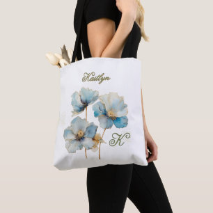 Elegant Watercolor Blue Poppies Monogram Name Tasche