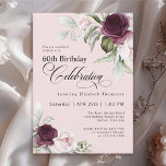 Elegant Watercolor Blütenrosa 60. Geburtstag Einladung<br><div class="desc">Feiern Sie einen besonderen Geburtstag mit dieser schönen 60. Geburtstagsfeier. Auf jeder Seite des elegant platzierten Textes befinden sich elegante Blumenrahmen in Bordeaux und rosa Rosen. Die Farbtöne sind blassrosa, tiefbordeauxrot und pflaumenfarben, die mit ätherischen Pflanzen vermischt sind, und die Blume mit weißem Akzent auf einem femininen rosa Hintergrund. Personalisieren...</div>