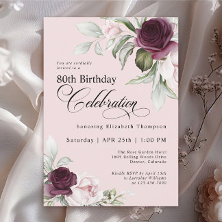 Elegant Watercolor Blütenrosa 80. Geburtstag Einladung