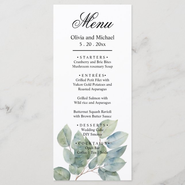 Elegant Watercolor Boho Grünpflanzen Hochzeit Menükarte (Vorderseite)