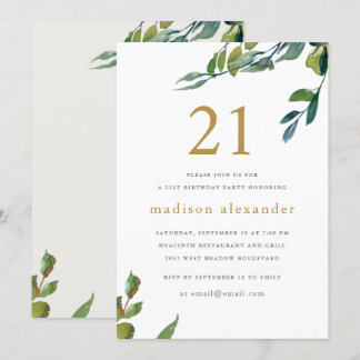 Elegant Watercolor Botanisch 21. Geburtstag Einladung