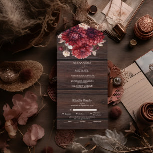 Elegant Watercolor Burgundy Dahlia Wedding All In One Einladung