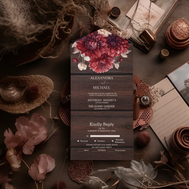 Elegant Watercolor Burgundy Dahlia Wedding All In One Einladung (Von Creator hochgeladen)