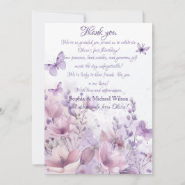 Elegant Watercolor Butterfly First Birthday Dankeskarte