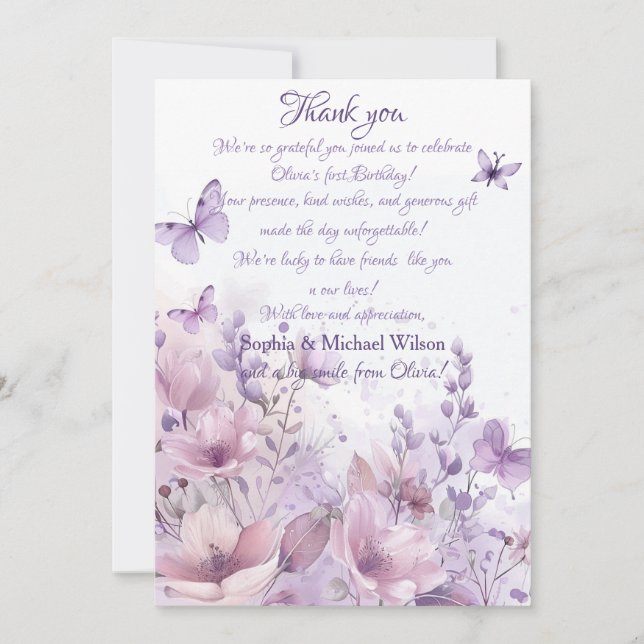 Elegant Watercolor Butterfly First Birthday Dankeskarte (Vorderseite)