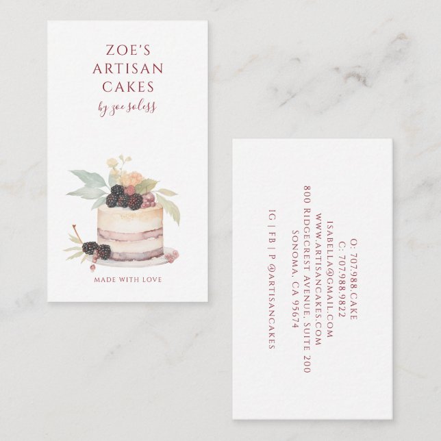 Elegant Watercolor Cake Bakery Pastry Chef Visitenkarte (Vorne/Hinten)