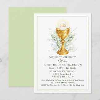 Elegant Watercolor Chalice First Holy Communion Einladung