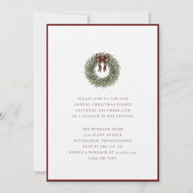 Elegant Watercolor Christmas Wreath Plaid Bow  Einladung (Vorderseite)