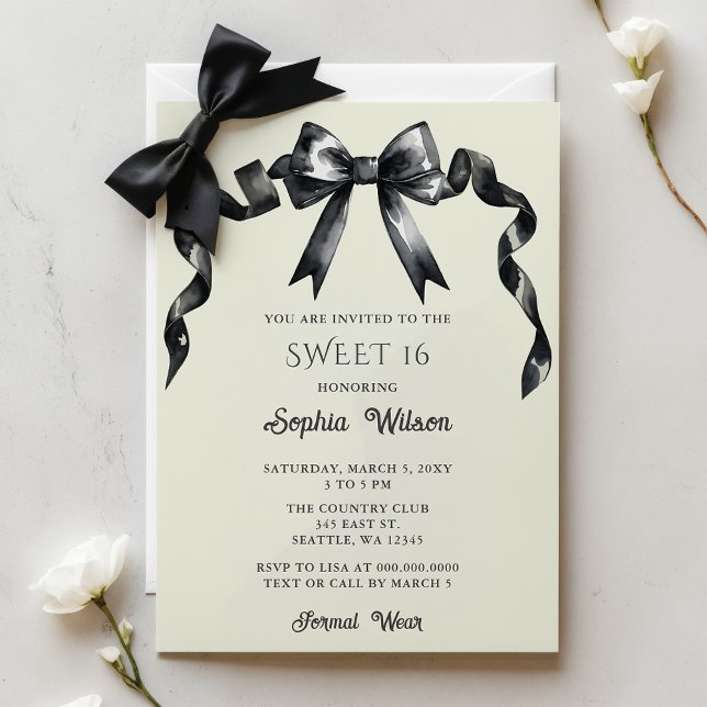 Elegant Watercolor Coquette Black Bow Sweet 16 Einladung (Elegant Watercolor Coquette Black Bow Sweet 16 Invitation)